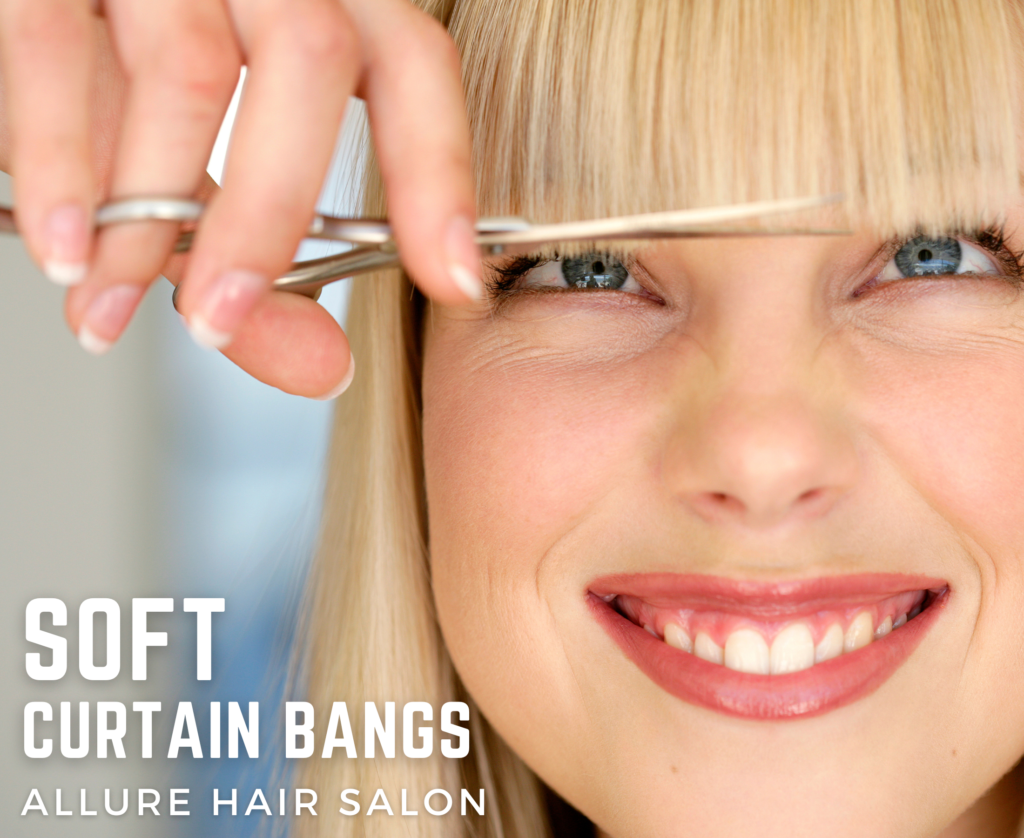 Soft curtain bangs at Allure Salon are a great way to add a touch of glamour to your fall hairstyle without committing to a full fringe.